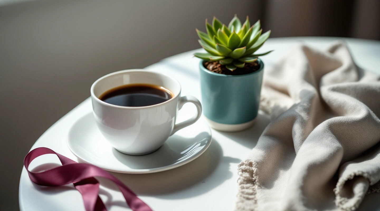 A cup of coffee beside a small potted succulent on a plain table.