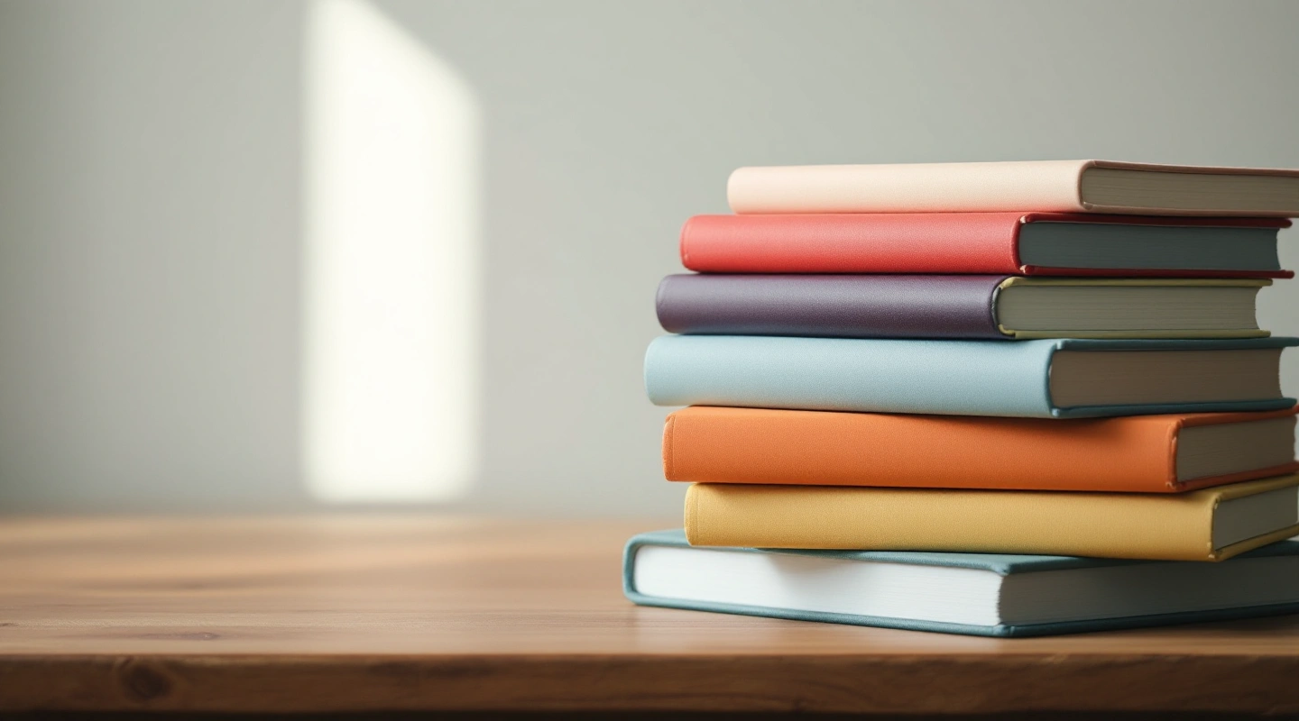 A small stack of plain hardcover books on a table.
