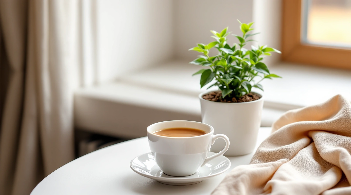 A cup of tea beside a small potted plant on a plain table.