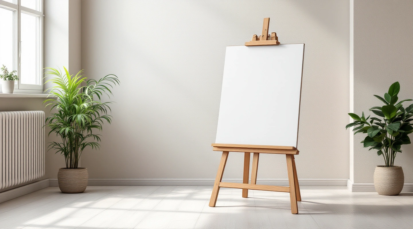 A blank wooden easel board standing empty in a reception space.