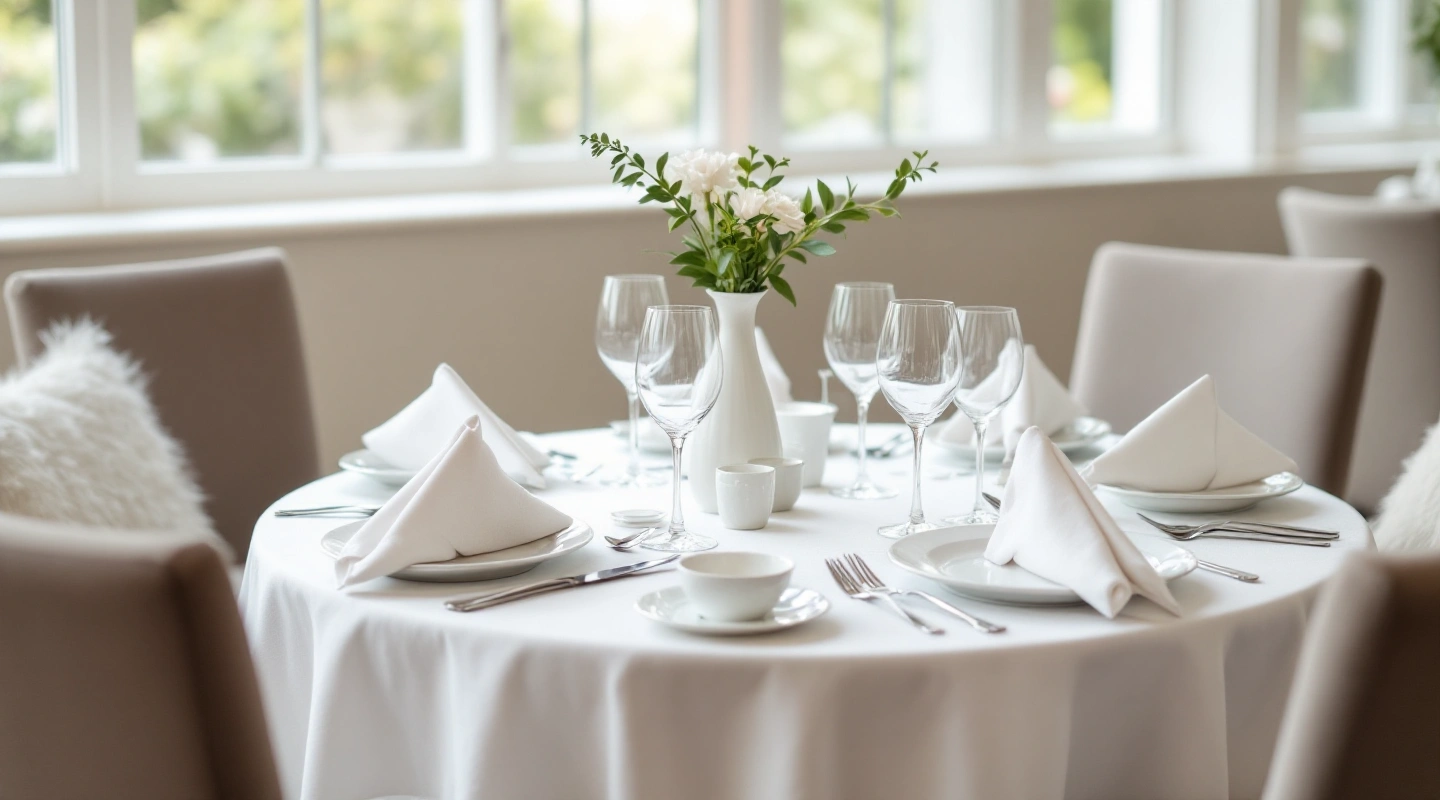 A single round table set with plain white plates, glassware and linen napkins.