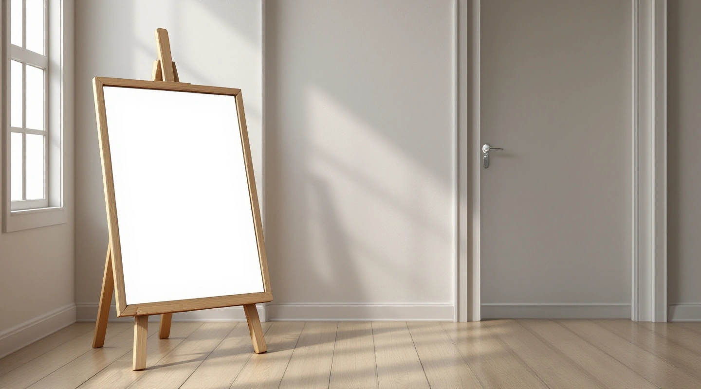 A blank wooden easel sign standing near a doorway.
