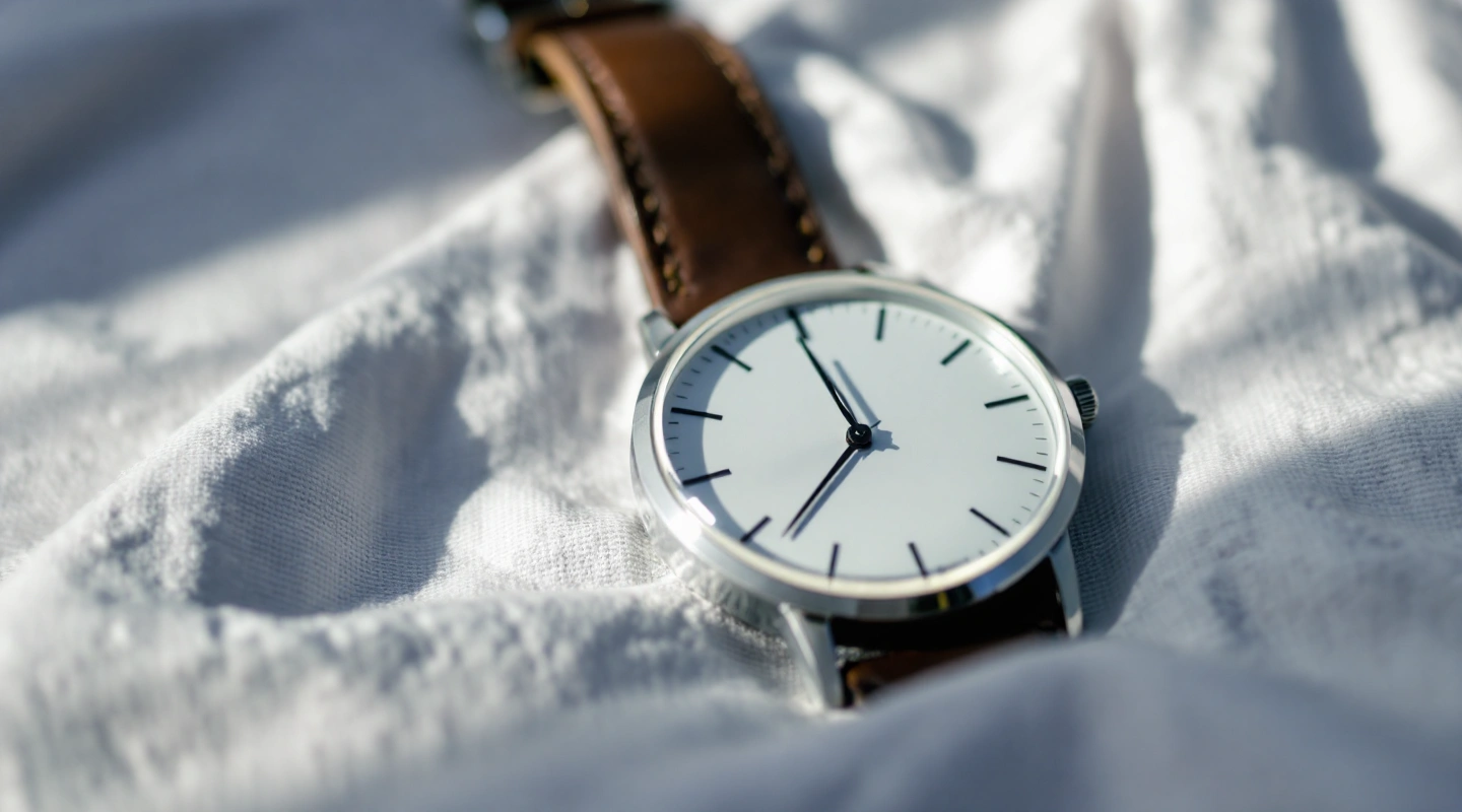 A plain wristwatch resting on a linen tablecloth.