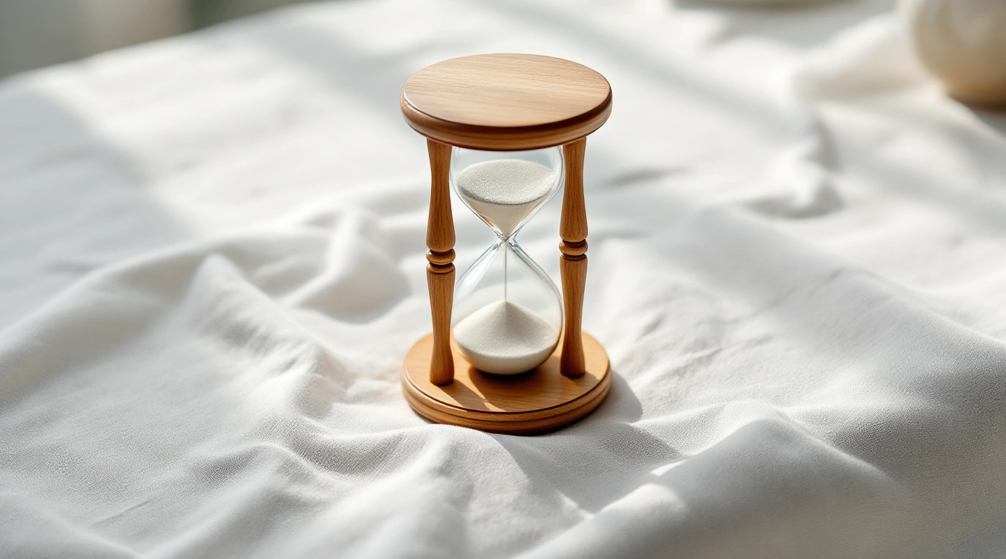 A small hourglass beside a neatly folded linen napkin.