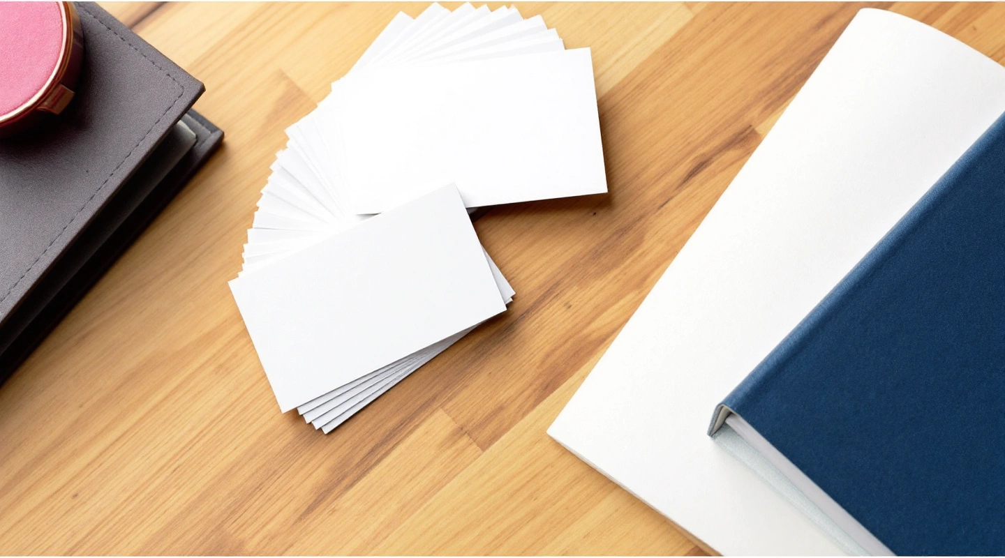 A small fan of plain blank business cards and a closed notebook on a wooden desk.