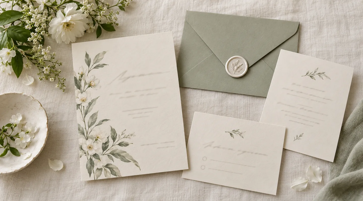 A main floral invitation, smaller cards and matching sage envelope spaced apart on linen.