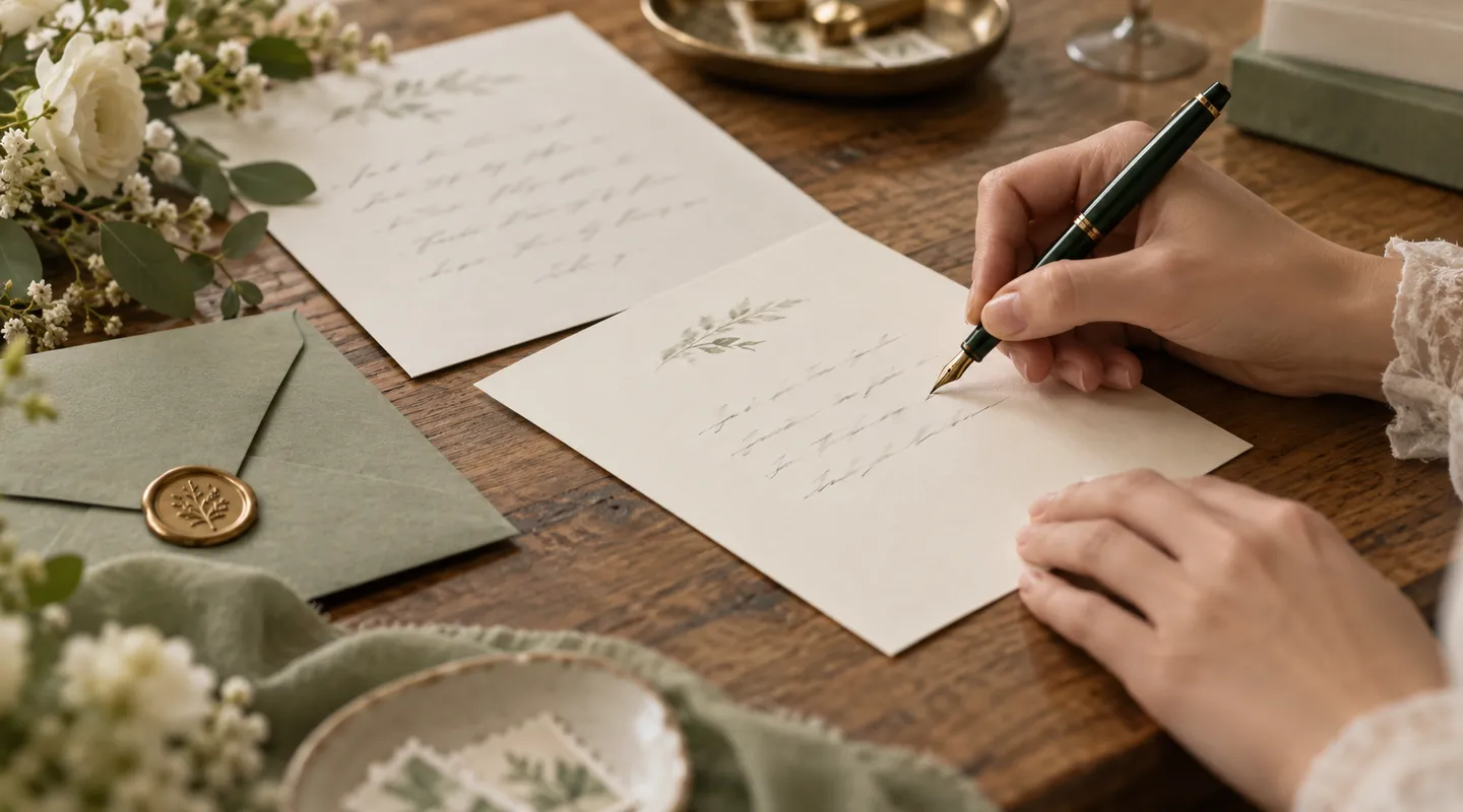 Hands drafting an invitation with a fountain pen beside cream cards and an envelope on a wooden desk.
