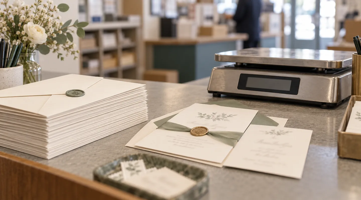 Stacks of cream invitation envelopes and a finished suite beside a postal scale with a blank display.